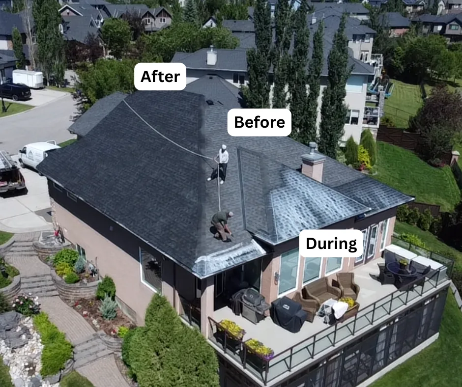 Residential roof before during and after roof rejuvenation results