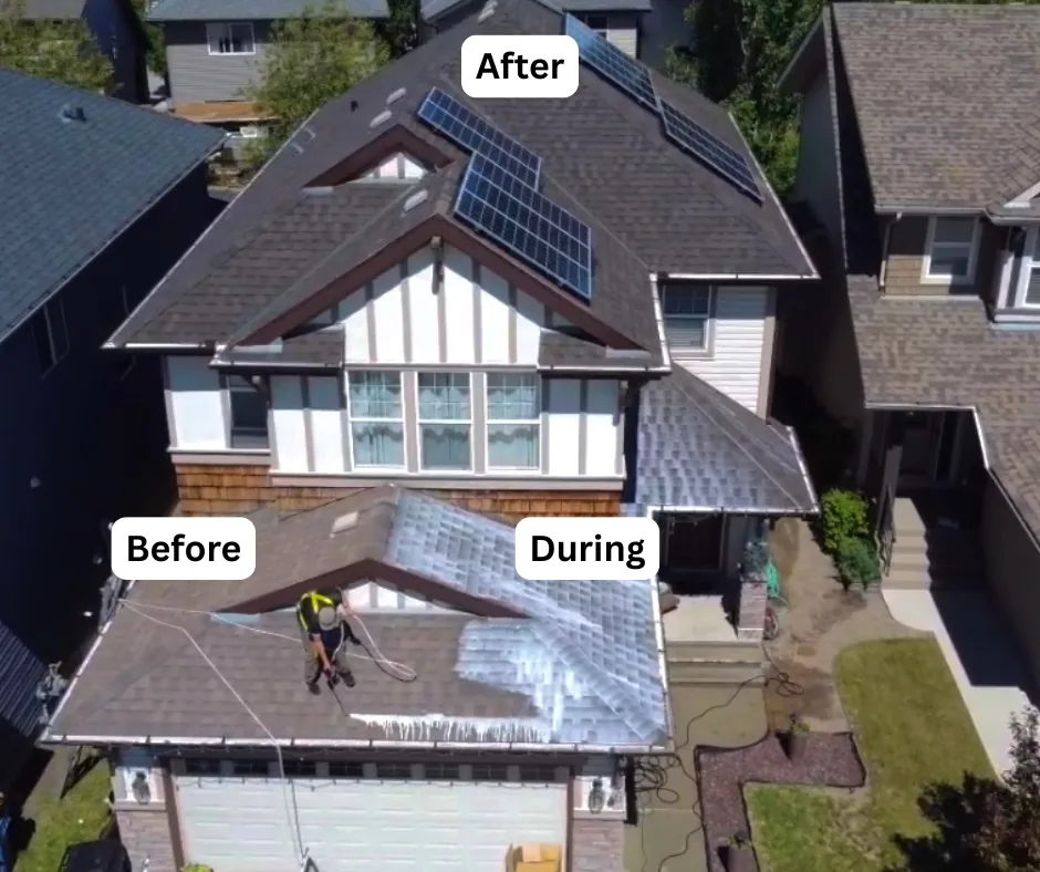 Multi-level home with solar panels during roof rejuvenation treatment