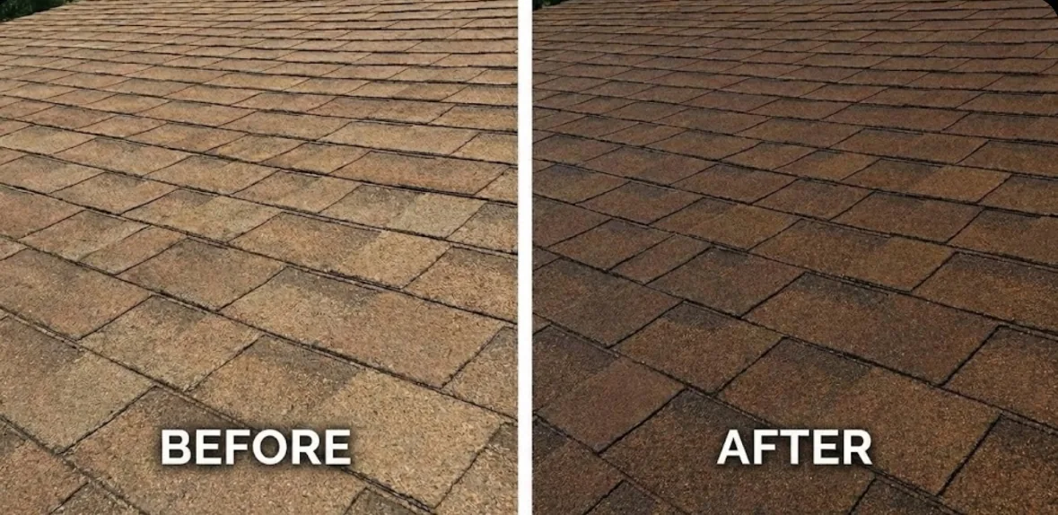 Before and after asphalt shingle roof treatment comparison