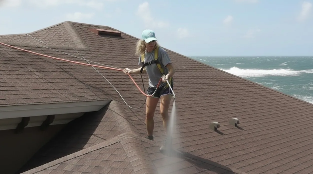 Relife technician applying roof treatment on an asphalt shingle roof