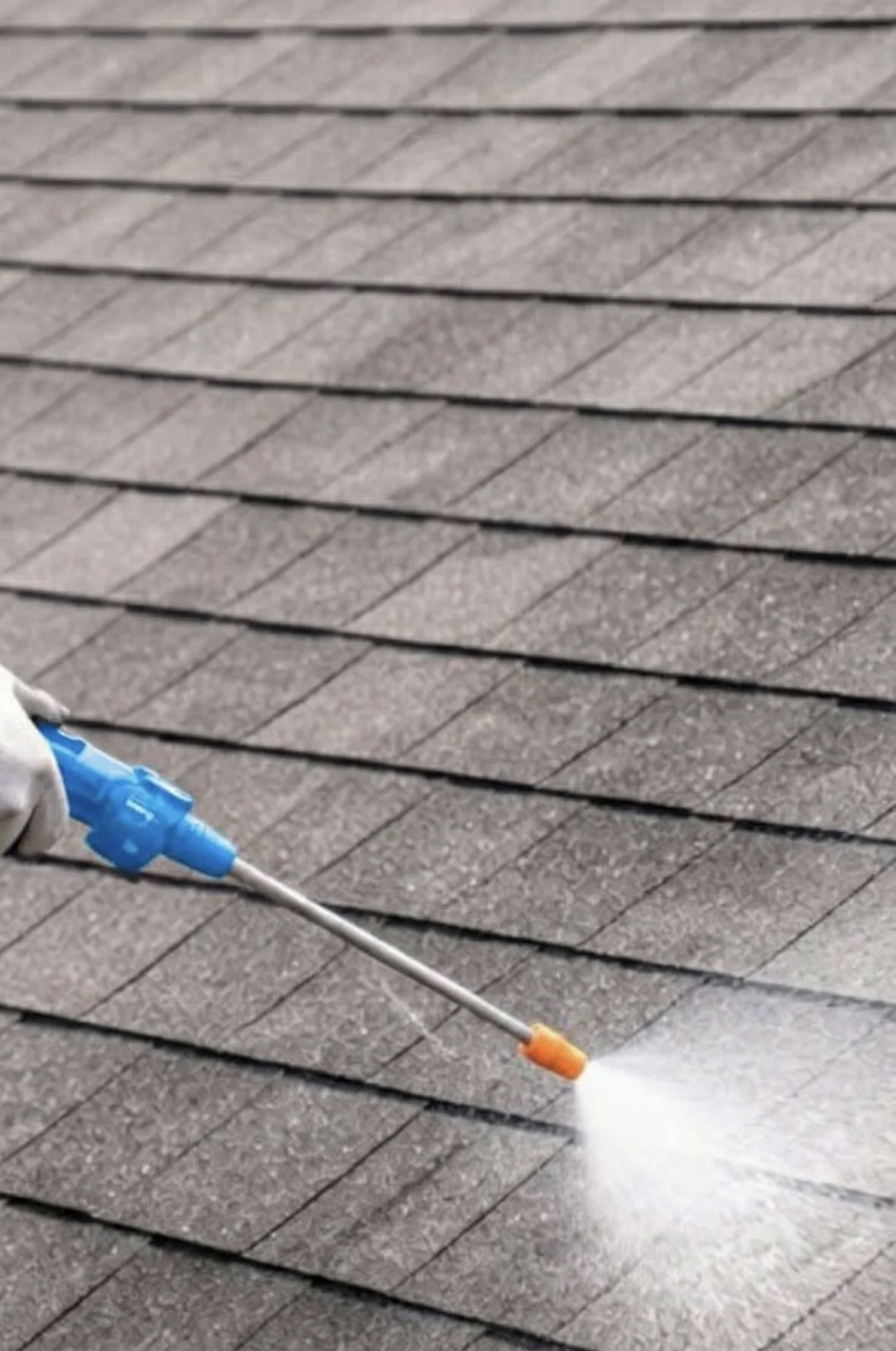 Close-up of roof rejuvenation treatment being sprayed on shingles