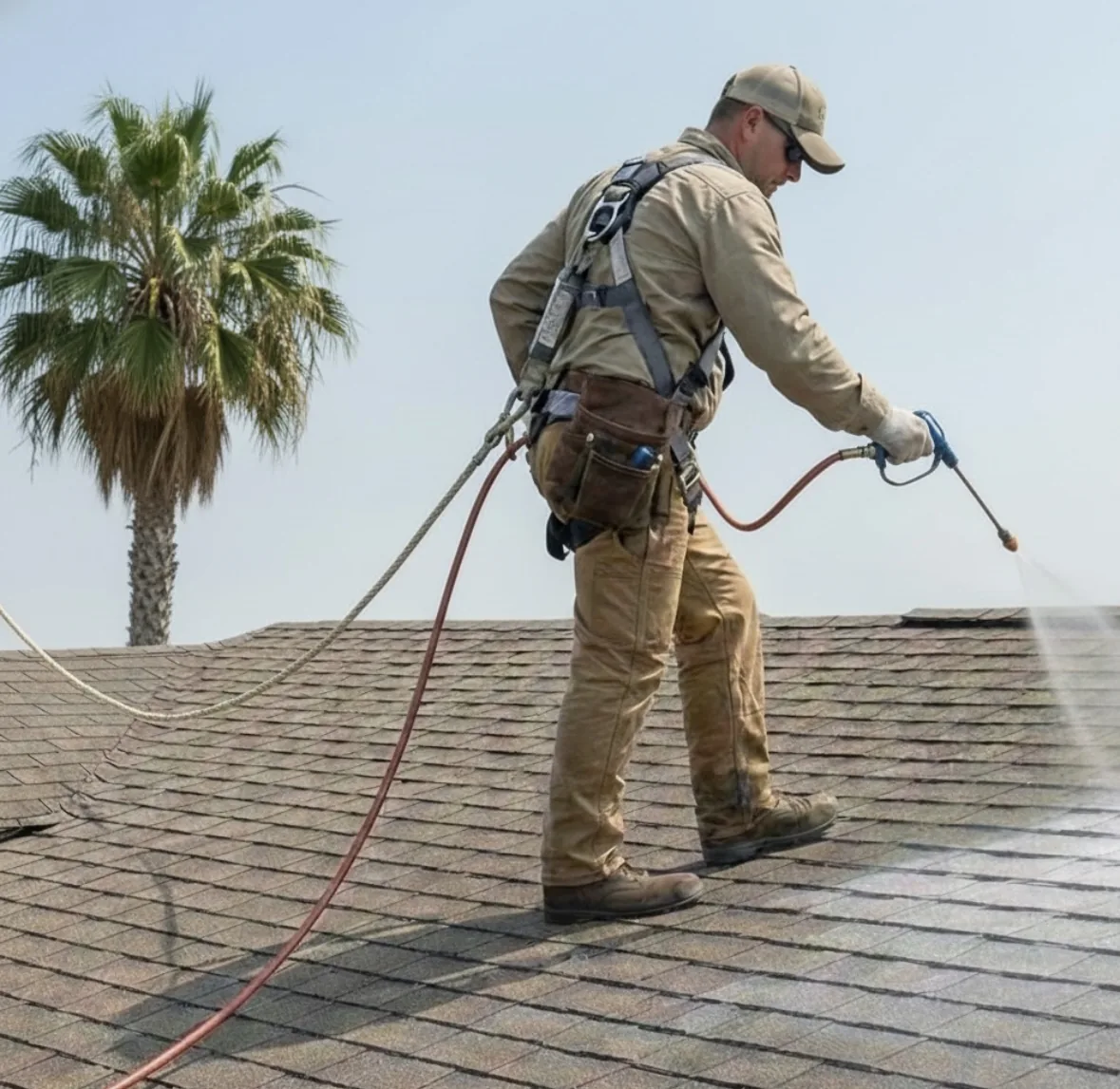 Technician applying rejuvenation treatment to asphalt shingles